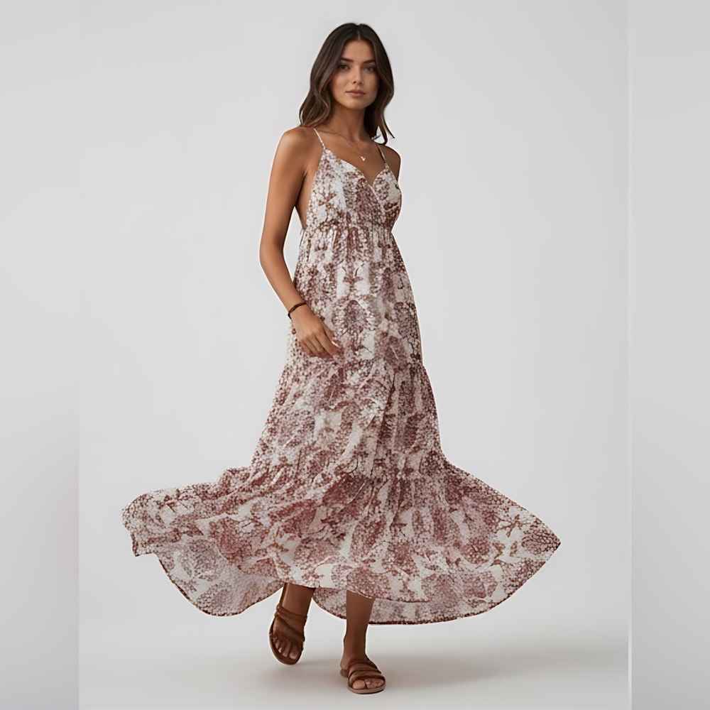 Boho Floral Print Sleeveless Cross-Front Maxi Dress Rust - Picture 4 of 9